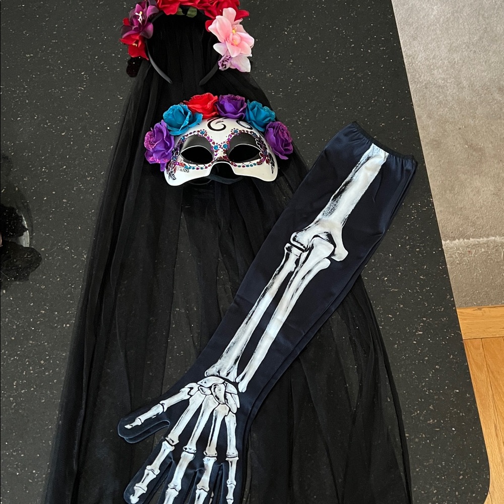 Halloween Day of the Dead Mask and Flower Headpiece with Veil + Gloves